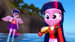 Size: 1920x1080 | Tagged: safe, artist:fivefreddy, derpibooru import, sci-twi, twilight sparkle, equestria girls, 3d, belly button, burger, clothes, crossover, food, glasses, gmod, meat, midriff, ponied up, ponytail, scitwilicorn, skirt, socks, team fortress 2, twilight sniper, twolight