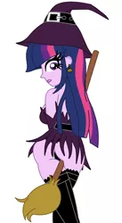 Size: 1458x2663 | Tagged: suggestive, artist:cbear624, derpibooru import, twilight sparkle, equestria girls, ass, black underwear, breasts, broom, clothes, costume, dress, female, flying, flying broomstick, hat, looking back, panties, rear view, sideboob, simple background, skirt, skirt lift, socks, solo, solo female, thigh highs, thong, twibutt, underwear, upskirt, witch, witch hat