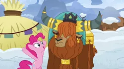 Size: 1280x720 | Tagged: safe, derpibooru import, screencap, pinkie pie, prince rutherford, earth pony, pony, yak, not asking for trouble, crown, ear piercing, earring, female, horn ring, jewelry, mare, piercing, regalia, snow