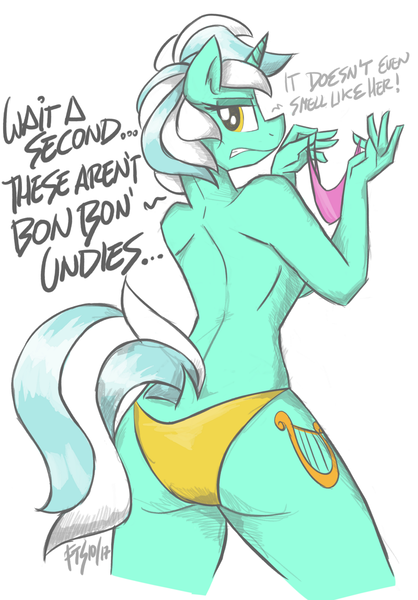 Size: 800x1147 | Tagged: questionable, artist:flutterthrash, derpibooru import, lyra heartstrings, anthro, unicorn, ass, breasts, clothes, cutie mark, dialogue, dock, eyeshadow, female, implied bon bon, implied infidelity, implied lesbian, implied lyrabon, implied shipping, looking back, lyra hindstrings, lyra is not amused, makeup, mare, panties, panty sniffing, partial nudity, pink underwear, simple background, solo, solo female, topless, unamused, underboob, underwear, white background, yellow underwear