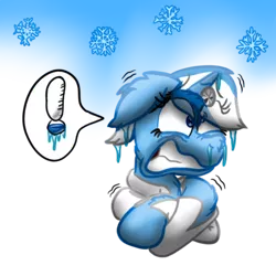 Size: 512x512 | Tagged: safe, artist:hilfigirl, derpibooru import, oc, oc:aescula, unofficial characters only, unicorn, cartoon, cold, color change, doctor, freezing, head mirror, shivering, simple background, solo, speech bubble, transparent background, trembling
