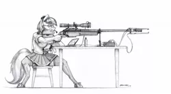Size: 1700x938 | Tagged: safe, artist:baron engel, derpibooru import, coco pommel, anthro, earth pony, unguligrade anthro, black and white, bottle, chair, clothes, computer, female, glasses, goggles, grayscale, gun, laptop computer, monochrome, optical sight, pencil drawing, pleated skirt, rifle, sako trg, simple background, sitting, sketch, skirt, sniper, sniper rifle, solo, stockings, table, thigh highs, traditional art, trigger discipline, weapon, white background