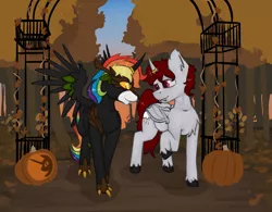 Size: 2607x2036 | Tagged: safe, artist:marsminer, derpibooru import, oc, oc:cloudburst, oc:rainbow heart, unofficial characters only, alicorn, bat pony, bat pony alicorn, alicorn oc, halloween, holiday, horn ring, jack-o-lantern, mare in the moon, marriage, married, moon, pumpkin, pumpkin carving, rainbow hair, ring, wedding, wedding ring