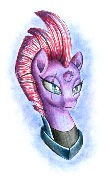 Size: 1680x2870 | Tagged: safe, artist:nightpaint12, derpibooru import, tempest shadow, pony, unicorn, my little pony: the movie, armor, broken horn, bust, eye scar, female, mare, portrait, scar, smiling, solo, traditional art