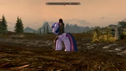 Size: 1360x768 | Tagged: safe, derpibooru import, twilight sparkle, twilight sparkle (alicorn), oc, oc:mr franconian, alicorn, human, pony, 3d, female, happy, human male, humans riding ponies, interspecies, love, male, mare, riding, shipping, skyrim, the elder scrolls, true love