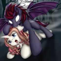 Size: 2000x2000 | Tagged: suggestive, artist:manifest harmony, derpibooru import, oc, unofficial characters only, bat pony, unicorn, vampire, vampony, fanfic, fanfic:clocktower society, bedroom eyes, biting, crawling, ear bite, explicit source, fanfic art, fanfic cover, moon, tree