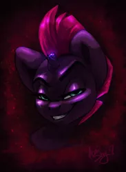 Size: 920x1256 | Tagged: safe, artist:amishy, derpibooru import, tempest shadow, pony, unicorn, my little pony: the movie, broken horn, bust, eye scar, female, looking at you, mare, portrait, scar, smiling, solo
