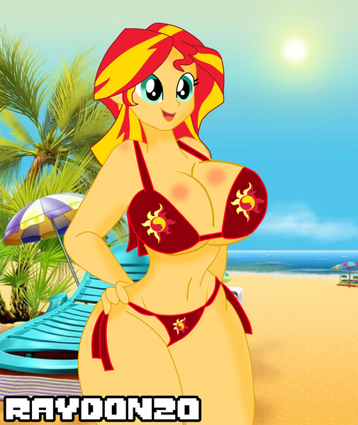 Size: 3048x3623 | Tagged: suggestive, artist:raydonxd, derpibooru import, sunset shimmer, equestria girls, absolute cleavage, beach, beach babe, big breasts, bikini, bikini babe, breasts, busty sunset shimmer, cleavage, clothes, curvy, female, hand on hip, ocean, sand, sexy, smiling, solo, solo female, stupid sexy sunset shimmer, swimsuit, thighs, wide hips