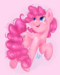 Size: 2000x2500 | Tagged: safe, artist:thefluffyvixen, derpibooru import, pinkie pie, earth pony, pony, head turn, looking away, looking up, open mouth, pink background, raised hoof, simple background, smiling, solo