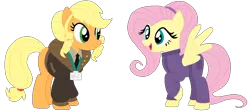 Size: 853x380 | Tagged: safe, artist:bezziie, derpibooru import, applejack, fluttershy, earth pony, pegasus, pony, alternate hairstyle, clothes, clothes swap, female, mare, overalls, simple background, transparent background
