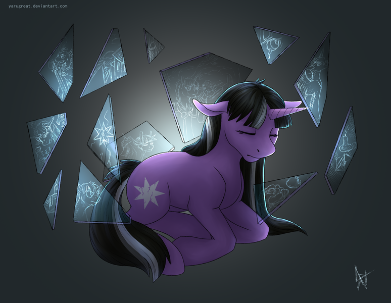 Size: 1600x1240 | Tagged: safe, artist:yarugreat, derpibooru import, twilight sparkle, pony, unicorn, alternate universe, black mane, commission, female, mare, meditation, memories, new cutie mark, psionics, solo