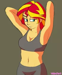 Size: 750x900 | Tagged: suggestive, artist:gusty glade, derpibooru import, sunset shimmer, equestria girls, abs, arm behind head, armpits, belly button, breasts, cleavage, clothes, female, gray background, midriff, pinup, signature, simple background, smiling, sports bra, sports shorts