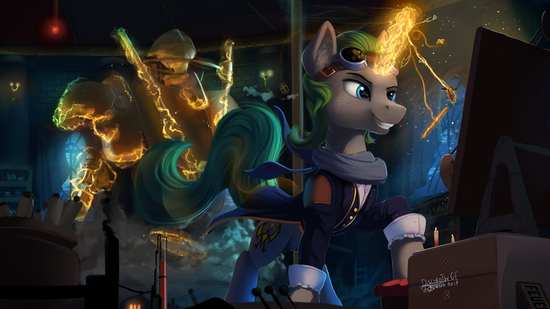 Size: 1920x1080 | Tagged: safe, artist:discordthege, derpibooru import, oc, unofficial characters only, pony, unicorn, arcane magic, clothes, commission, glowing horn, grin, laboratory, magic, male, smiling, solo, stallion