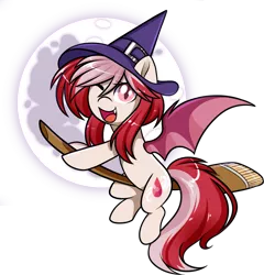 Size: 1394x1455 | Tagged: safe, artist:xwhitedreamsx, derpibooru import, oc, oc:ruby skye, unofficial characters only, bat pony, pony, bat pony oc, broom, female, flying, flying broomstick, full moon, hat, mare, moon, simple background, smiling, transparent background, witch, witch hat