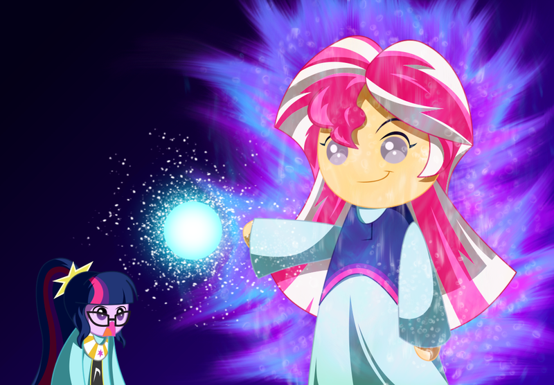 Size: 1180x820 | Tagged: safe, artist:rosemile mulberry, derpibooru import, sci-twi, sunset shimmer, twilight sparkle, equestria girls, anime, chibi, clothes, crossover, cute, dragon ball super, glasses, open mouth, shocked, smiling, ultra instinct