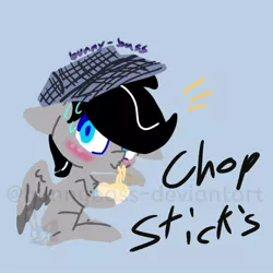 Size: 768x768 | Tagged: safe, artist:bunnybass, derpibooru import, oc, oc:chopsticks, unofficial characters only, pegasus, pony, blushing, bowl, chibi, chopsticks, clothes, cute, hat, solo, surprised, sweat