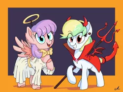 Size: 3200x2400 | Tagged: safe, artist:docwario, derpibooru import, oc, oc:cool treat, oc:cutie pie, unofficial characters only, pegasus, pony, angel, clothes, costume, devil, devil horns, female, halo, mare