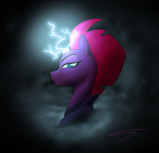 Size: 3109x3000 | Tagged: safe, artist:drake, derpibooru import, tempest shadow, pony, unicorn, my little pony: the movie, armor, broken horn, bust, female, fog, lightning, looking at you, portrait, profile, smiling, smoke, solo