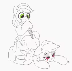 Size: 6111x5968 | Tagged: suggestive, artist:pabbley, derpibooru import, applejack, rainbow dash, pony, absurd resolution, appledash, bedroom eyes, biting, blushing, ear fluff, eyeshadow, face down ass up, female, floppy ears, freckles, lesbian, makeup, misleading thumbnail, monochrome, mouth hold, partial color, shipping, simple background, smiling, tail, tail bite, tail pull, wings