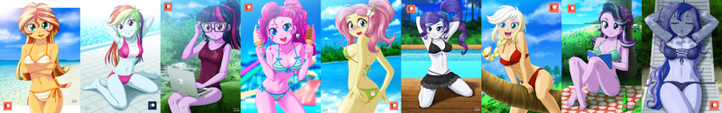 Size: 6363x1000 | Tagged: suggestive, alternate version, artist:uotapo, derpibooru import, edit, applejack, fluttershy, pinkie pie, princess luna, rainbow dash, rarity, sci-twi, starlight glimmer, sunset shimmer, twilight sparkle, equestria girls, arm behind head, armpits, attached skirt, barefoot, beach, beach babe, beanie, belly button, bicolor swimsuit, big breasts, bikini, bikini babe, bikini bottom, bikini top, black swimsuit, blue swimsuit, blushing, book, bottle, bow, bow swimsuit, braided ponytail, breasts, busty applejack, busty fluttershy, busty pinkie pie, busty princess luna, busty rarity, busty starlight glimmer, busty sunset shimmer, chair, cleavage, clothes, cloud, collage, computer, cutie mark swimsuit, dork, ear piercing, earring, eyes closed, feet, female, food, freckles, frilled swimsuit, glasses, green swimsuit, happy, hat, humane five, humane seven, humane six, ice cream, ice cream cone, incorrect foot anatomy, jeweled swimsuit, jewelry, kneeling, lacy bikini, laptop computer, leather, lidded eyes, looking at you, mane six, mountain dew, multi-strap swimsuit, multicolored hair, o-ring swimsuit, one-piece swimsuit, orange swimsuit, palm tree, partial nudity, patreon, patreon logo, piercing, pink swimsuit, ponytail, product placement, purple swimsuit, rash guard, reading, red swimsuit, school swimsuit, sexy, shadowbolts swimsuit, side-tie bikini, skirt, sleeping, smiling, soft serve, straddling, string bikini, striped swimsuit, stupid sexy pinkie, stupid sexy starlight glimmer, summer, swimming pool, swimsuit, tree, underass, underboob, vice principal luna, water, water park