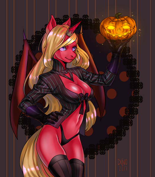 Size: 1903x2178 | Tagged: suggestive, artist:dino, artist:fuckingdinosaur, derpibooru import, oc, oc:scarlet rose, unofficial characters only, alicorn, anthro, bat pony, bat pony alicorn, blonde, boob window, breasts, cleavage, clothes, female, gloves, glowing eyes, halloween, hand on hip, holiday, jack-o-lantern, jewelry, latex, latex gloves, leather wings, long hair, looking at you, mare, panties, pumpkin, smiling, solo, solo female, stockings, thigh highs, thong, underwear, wings, ych result