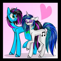 Size: 1000x1000 | Tagged: safe, artist:jayflowerfox, derpibooru import, vinyl scratch, oc, oc:raxonxvi, pony, canon x oc, commission, couple, female, femboy, glasses, heart, male, shipping, straight