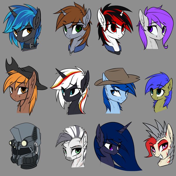 Size: 2160x2160 | Tagged: safe, artist:starfall-spark, derpibooru import, oc, oc:blackjack, oc:calamity, oc:homage, oc:lacunae, oc:littlepip, oc:morning glory (project horizons), oc:p-21, oc:rampage, oc:scotch tape, oc:steelhooves, oc:velvet remedy, oc:xenith, unofficial characters only, earth pony, pegasus, pony, unicorn, zebra, fallout equestria, fallout equestria: project horizons, fanfic, armor, bust, clothes, fanfic art, female, hat, male, mare, portrait, power armor, simple background, stallion, vault suit, zebra oc