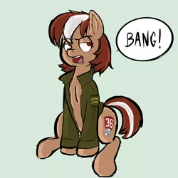 Size: 2000x2000 | Tagged: artist:eldee, clothes, derpibooru import, dumb meme image, fallout equestria, jacket, military, oc, oc:roulette, russian roulette, safe, simple background, six shooter surprise, solo, unofficial characters only