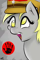 Size: 800x1200 | Tagged: safe, derpibooru import, derpy hooves, pegasus, pony, /mlp/, 4chan, black hand, blonde, clothes, cross-eyed, female, hand, hat, manos, manos the hands of fate, nazi, photo, propaganda, solo, uniform