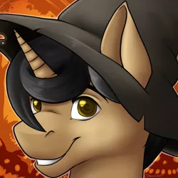 Size: 1500x1500 | Tagged: safe, artist:dunnowhattowrite, derpibooru import, oc, oc:aegis aurora, unofficial characters only, unicorn, abstract background, halloween, hat, holiday, looking at you, male, smiling, solo, witch hat