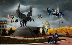 Size: 1024x640 | Tagged: safe, artist:das_leben, derpibooru import, oc, unofficial characters only, alicorn, horse, alicorn oc, building, clothes, female, flying, male, mare, open mouth, raised hoof, scenery, stallion, statue, town