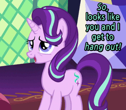 Size: 744x648 | Tagged: safe, derpibooru import, edit, edited screencap, screencap, starlight glimmer, unicorn, triple threat, animated, bronybait, caption, cropped, cute, gif, glimmerbetes, happy, looking up, pointing, raised hoof, smiling, solo, text, twilight's castle