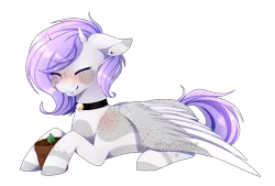 Size: 2802x1896 | Tagged: safe, artist:itsizzybel, derpibooru import, oc, oc:mayumi, unofficial characters only, pegasus, pony, bell, bell collar, choker, collar, digital art, eyes closed, female, flower pot, horns, mare, plant pot, prone, simple background, solo, transparent background