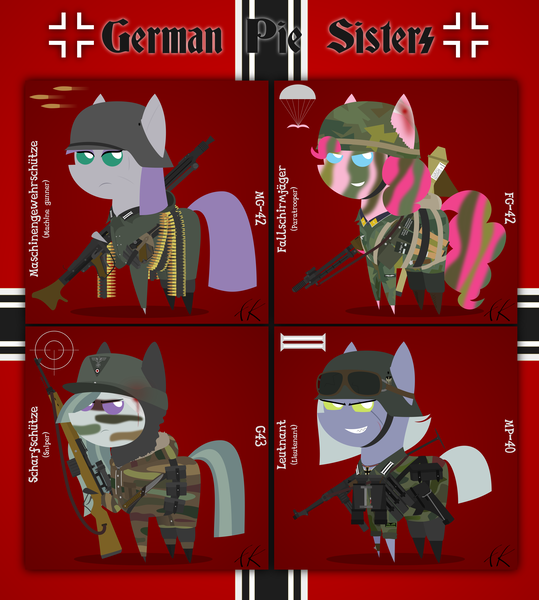 Size: 4600x5120 | Tagged: safe, artist:facelesssoles, derpibooru import, limestone pie, marble pie, maud pie, pinkie pie, earth pony, pony, absurd resolution, ammunition belt, balkenkreuz, binoculars, blackletter, blood, camouflage, clothes, coat, face paint, fallschirmjäger, fascism, female, fg42, german, gewehr 43, grenade, grin, gun, helmet, machine gun, mare, mg42, military uniform, mp40, nazi, panzerfaust, pie sisters, pointy ponies, racism, rifle, siblings, sisters, smiling, sniper, stahlhelm, stielhandgranate, submachinegun, weapon, world war ii