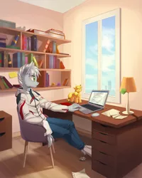 Size: 1000x1253 | Tagged: anthro, anthro oc, applejack, artist:margony, book, bookshelf, chair, clothes, commission, computer, derpibooru import, desk, laptop computer, male, oc, pants, room, safe, sitting, smiling, solo, sweater, unguligrade anthro, window