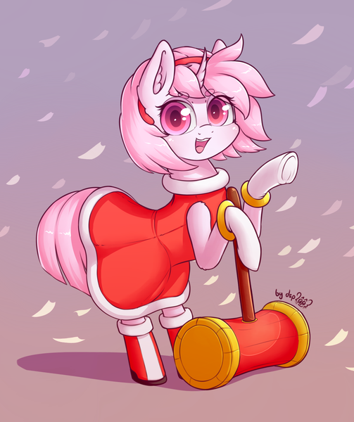 Size: 1408x1680 | Tagged: safe, artist:dsp2003, derpibooru import, oc, oc:sakuragi-san, unofficial characters only, pony, unicorn, amy rose, blushing, clothes, cosplay, costume, crossover, cute, dress, female, flower petals, gloves, looking at you, mare, ocbetes, solo, sonic the hedgehog (series), weapon