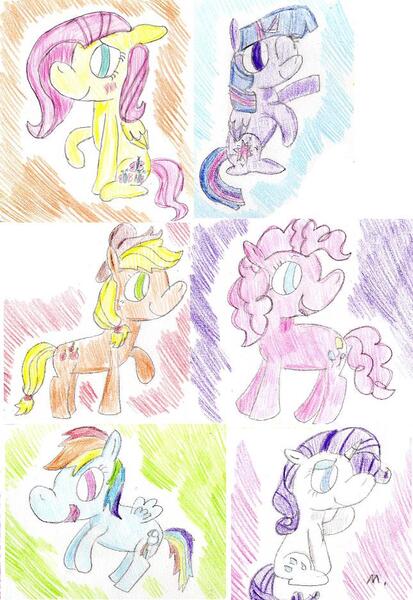 Size: 645x938 | Tagged: alicorn, applejack, artist:ptitemouette, derpibooru import, fluttershy, mane six, pinkie pie, rainbow dash, rarity, safe, traditional art, twilight sparkle, twilight sparkle (alicorn)