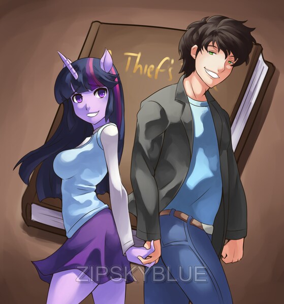 Size: 2700x2900 | Tagged: safe, artist:zipskyblue, derpibooru import, twilight sparkle, oc, anthro, human, adorkable, book, canon x oc, clothes, commission, cute, dork, eared humanization, female, holding hands, horned humanization, humanized, looking at you, male, skirt, smiling, straight, watermark