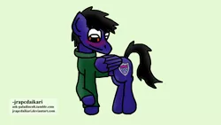 Size: 1920x1080 | Tagged: safe, artist:jrapcdaikari, derpibooru import, oc, oc:paladin colt, unofficial characters only, pegasus, pony, blushing, clothes, cute, green background, male, ocbetes, simple background, stallion, sweater