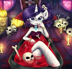 Size: 1550x1500 | Tagged: semi-grimdark, artist:tcn1205, derpibooru import, rarity, anthro, unguligrade anthro, unicorn, vampire, bath, blood, bloodbath, bone, breasts, candle, crossed legs, dead, female, halloween, holiday, jack-o-lantern, mare, night, pumpkin, skull, window