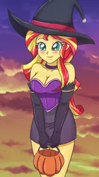 Size: 2287x4093 | Tagged: safe, artist:sumin6301, derpibooru import, sunset shimmer, equestria girls, absurd resolution, adorasexy, blushing, breasts, busty sunset shimmer, cleavage, clothes, cloud, cloudy, costume, cute, evening gloves, eyeshadow, female, food, gloves, halloween, hat, holiday, long gloves, makeup, pumpkin bucket, sexy, shimmerbetes, sky, smiling, solo, strapless, witch hat