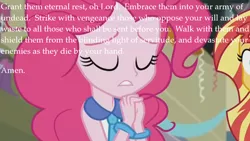 Size: 1136x640 | Tagged: safe, derpibooru import, edit, edited screencap, screencap, pinkie pie, sunset shimmer, equestria girls, canterlot high, eyes closed, pinkie pie praying, prayer, text