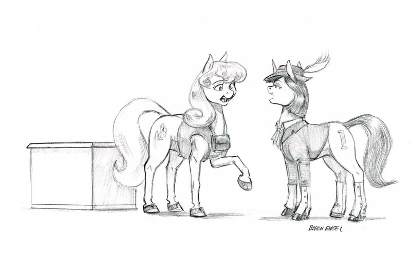 Size: 1500x926 | Tagged: safe, artist:baron engel, derpibooru import, oc, oc:brilliant flower, oc:marble vein, unofficial characters only, earth pony, pony, unicorn, female, grayscale, hat, mare, monochrome, pencil drawing, raised hoof, simple background, sketch, smiling, spats, traditional art, white background