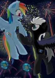 Size: 1240x1754 | Tagged: safe, artist:megatj, derpibooru import, rainbow dash, oc, oc:rain cloud, blushing, canon x oc, female, fireworks, fluffy, male, shipping, straight