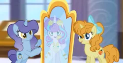 Size: 1516x774 | Tagged: safe, artist:theapplebeauty, derpibooru import, princess flurry heart, pumpkin cake, oc, oc:glitter diamond, pony, unicorn, base used, bow, clothes, dress, female, hair bow, mare, mirror, older, parent:pokey pierce, parent:rarity, parents:raripierce, wedding dress