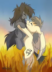Size: 1280x1779 | Tagged: safe, artist:kejifox, artist:sergkz, derpibooru import, oc, oc:kate, oc:kej, unofficial characters only, pegasus, pony, unicorn, bipedal, couple, cute, duo, explicit source, eyes closed, female, field, happy, holding a pony, k+k, male, mare, ocbetes, smiling, stallion, straight