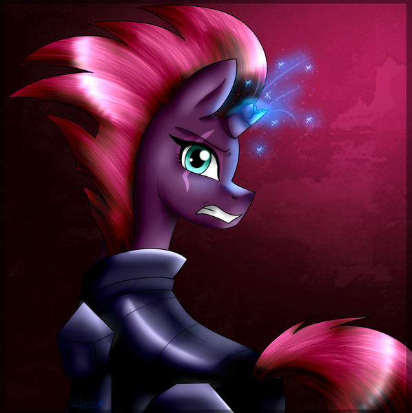 Size: 1585x1591 | Tagged: safe, artist:lada03, derpibooru import, tempest shadow, pony, unicorn, my little pony: the movie, armor, broken horn, eye scar, female, horn, looking at you, looking back, mare, scar, solo, sparking horn