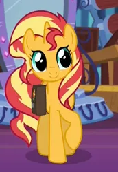 Size: 550x800 | Tagged: safe, derpibooru import, screencap, sunset shimmer, pony, unicorn, equestria girls, mirror magic, spoiler:eqg specials, cropped, cute, female, mare, portal, raised hoof, saddle bag, shimmerbetes, smiling, solo, twilight's castle, twilight's castle library