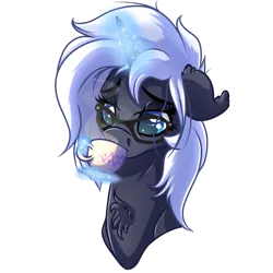 Size: 1024x1024 | Tagged: safe, artist:witchtaunter, derpibooru import, oc, oc:yaasho, unofficial characters only, pony, unicorn, bust, chest fluff, cup, female, glasses, glowing horn, magic, mare, portrait, simple background, solo, telekinesis, tired, transparent background