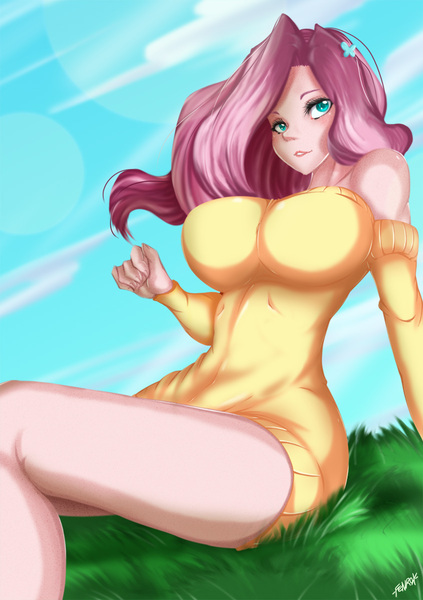 Size: 846x1200 | Tagged: artist:fenrox, big breasts, breasts, busty fluttershy, clothes, cloud, derpibooru import, female, fluttershy, human, humanized, off shoulder, sitting, sky, smiling, solo, solo female, suggestive